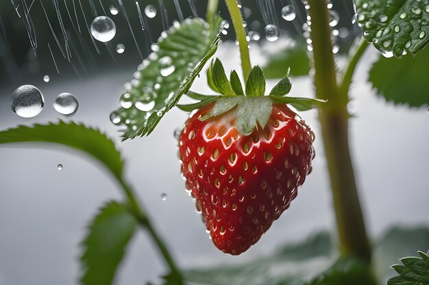 Foto primer plano de fresa después de la lluvia en el jardín imagen de plantas de fresa orgánicas