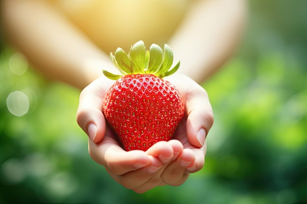 primer plano de la fresa con la mano con la naturaleza borrosa