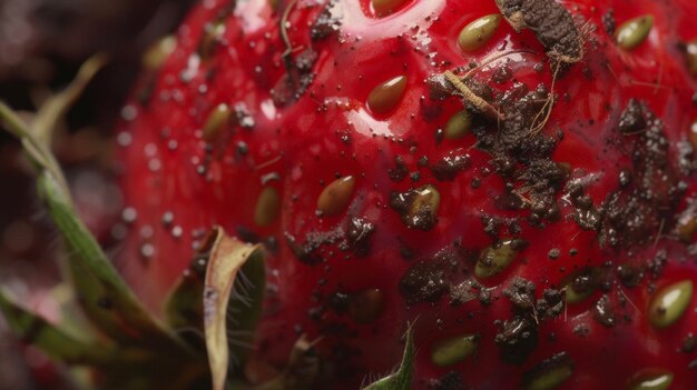 Foto un primer plano de una fresa recién recogida que todavía lleva rastros de tierra y hojas en su rojo brillante