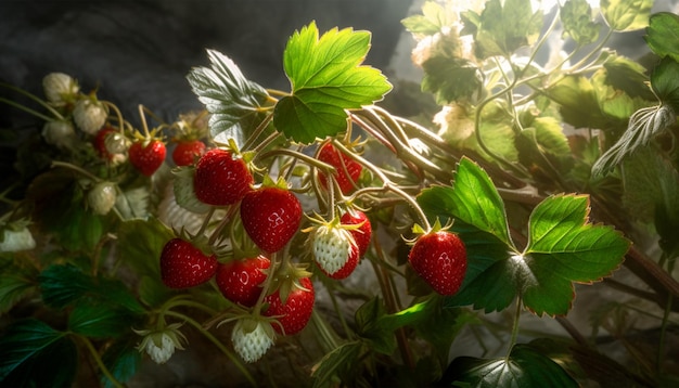 Un primer plano de fresas con hojas y el sol brillando sobre ellas