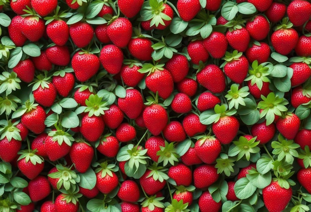 Un primer plano de fresas con hojas verdes