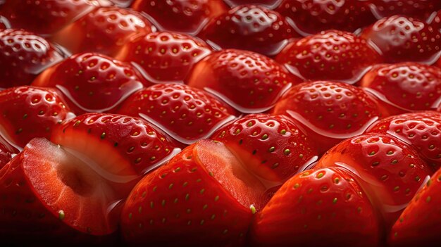 un primer plano de fresas en jarabe de azúcar