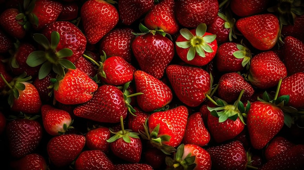 Un primer plano de fresas con las puntas verdes en la parte superior.