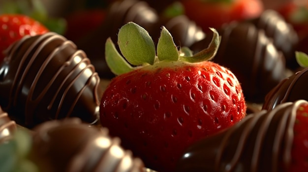 Foto primer plano de fresas sumergidas en chocolate ia generativa