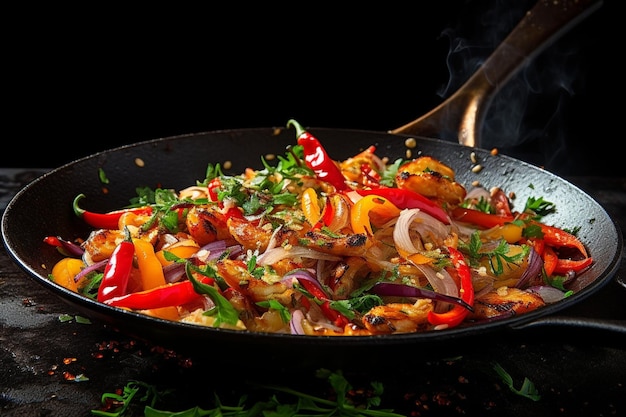 Un primer plano de una fritura de colores que se cocina en un wok