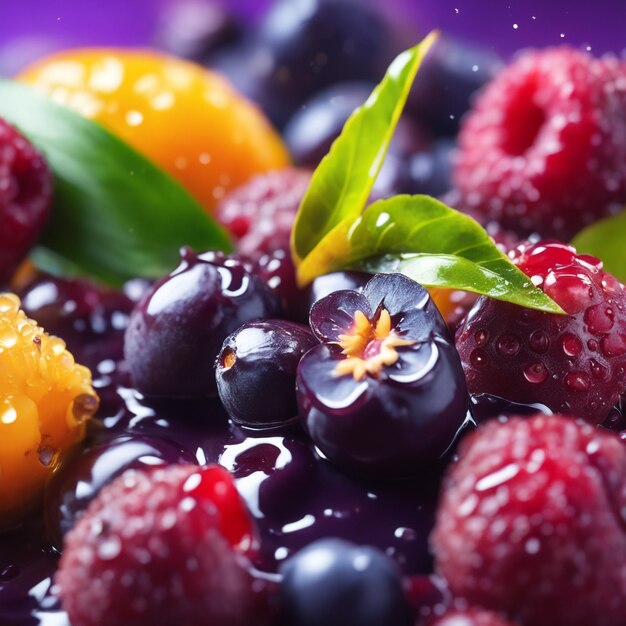 Foto primer plano de fruta de acai salpicada en concepto de baya de fondo de color