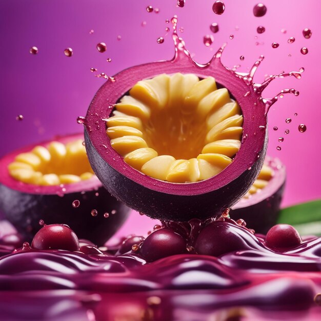 Primer plano de fruta de acai salpicada en concepto de baya de fondo de color