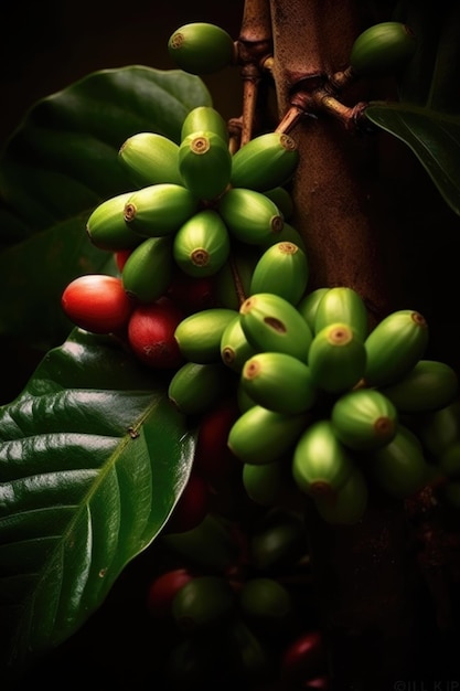 Un primer plano de la fruta del café en una granja de café en una sucursal de Colombia