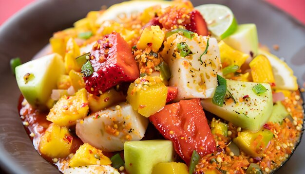 Un primer plano de una fruta chaat vibrante salpicada con chaat masala