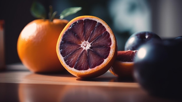 Un primer plano de una fruta de color púrpura con la palabra naranja