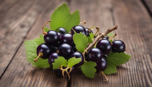 primer plano de una fruta de grosella negra en una mesa de madera