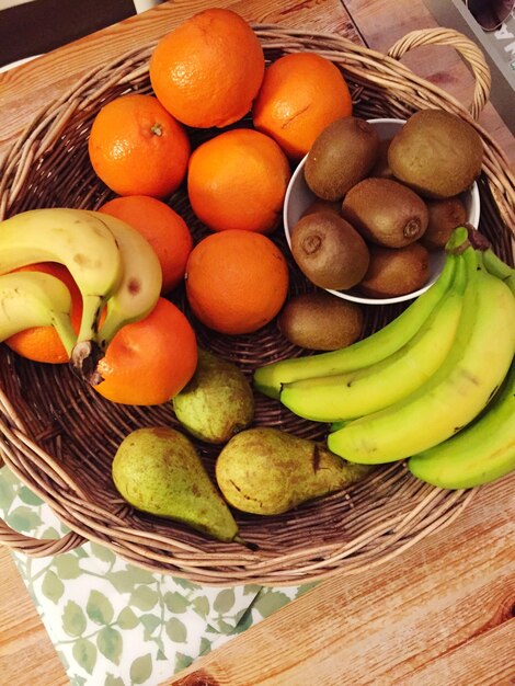 Primer plano de frutas en una canasta sobre la mesa