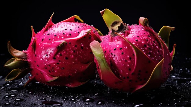 Primer plano de frutas de dragón rojo frescas con salpicaduras de agua en fondo oscuro imagen generada por IA