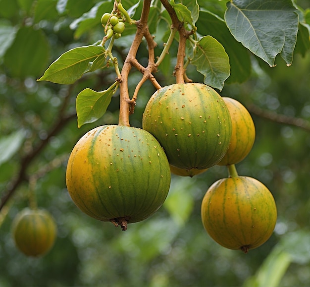 Un primer plano de frutas frescas en un árbol en el jardín