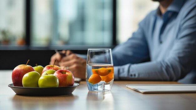 Foto primer plano de frutas frescas y un vaso de agua en el escritorio con un nutricionista borroso en el fondo
