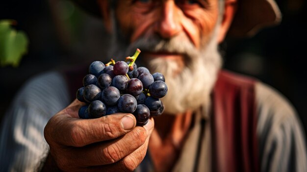 Primer plano de un frutero ofreciendo el sabor de las uvas suculentas al cliente