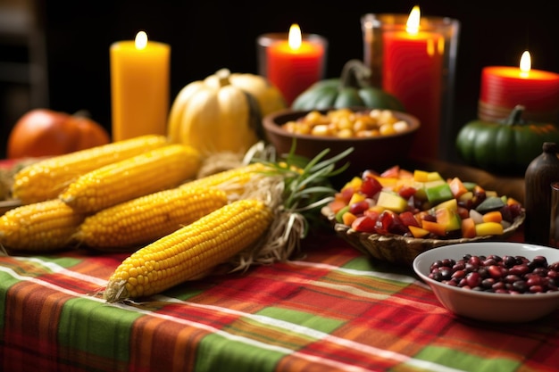 Foto primer plano de frutos de maíz y regalos en una mesa de kwanzaa