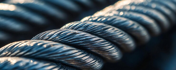 Un primer plano de un fuerte cable de alambre de acero que muestra hebras retorcidas