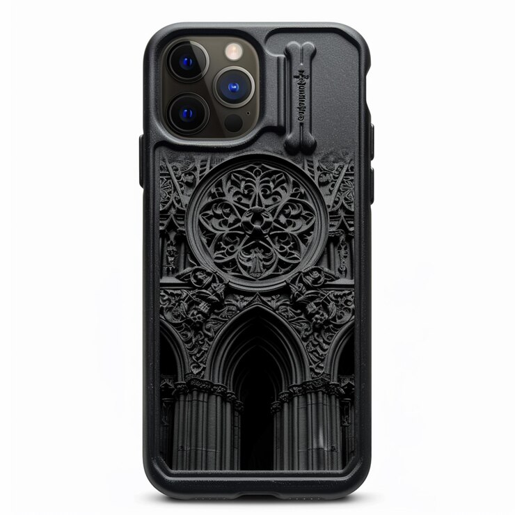 un primer plano de una funda de teléfono negra con un diseño gótico generativo ai