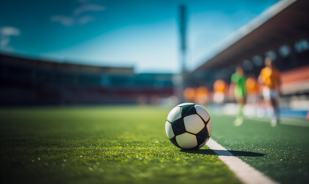 Primer plano de fútbol en un campo de fútbol con jugadores de fútbol en el campo de fútbol de fondo