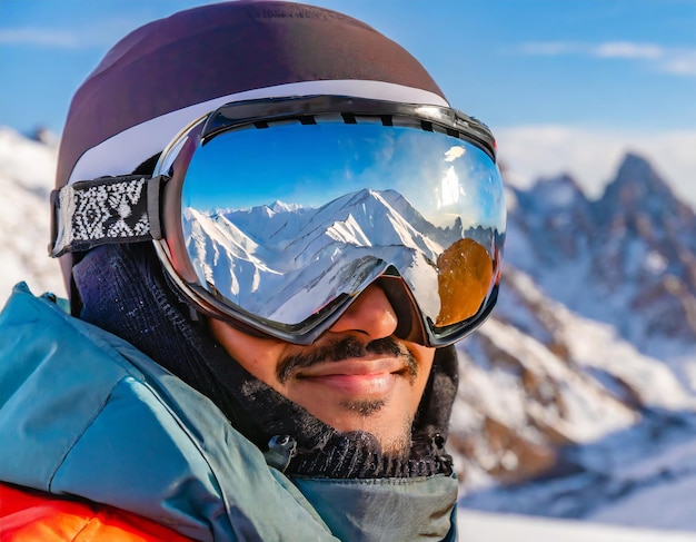 Foto un primer plano de las gafas de esquí de un hombre con el reflejo de las montañas nevadas una cordillera refleja