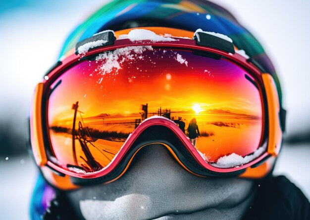 Un primer plano de las gafas de un esquiador capturando su reflejo del paisaje nevado y el