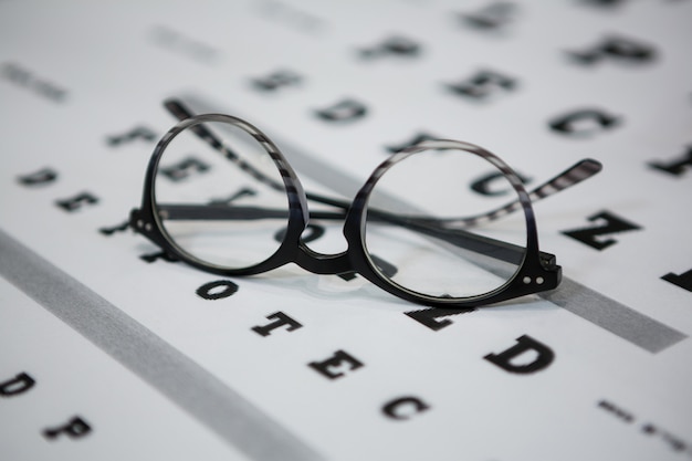 Foto primer plano de gafas en la tabla optométrica