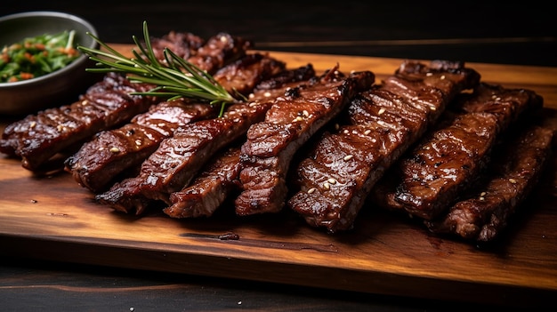 primer plano de la galbi o kalbi flatlay sobre mesa de madera