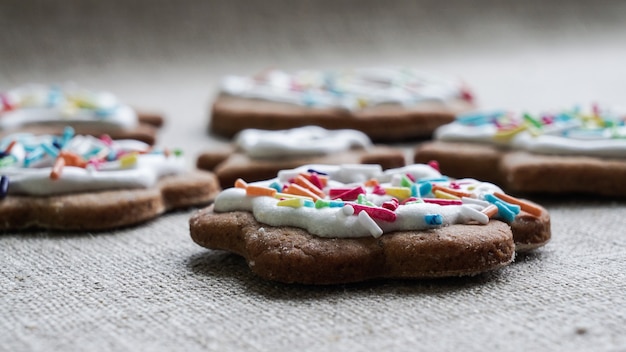 Un primer plano de una galleta de jengibre con glaseado blanco y chispitas de azúcar de colores