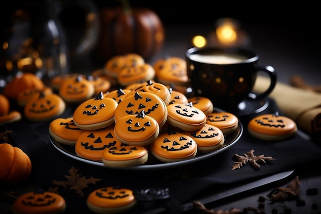 Primer plano de las galletas de calabaza de Halloween Concepto de Halloween