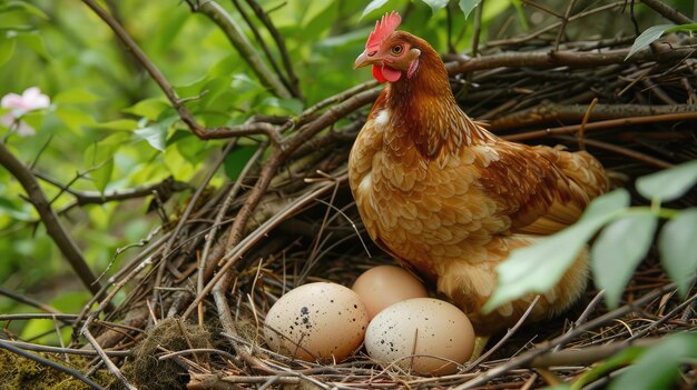 Foto primer plano de una gallina orgullosamente sentada en su nido guardando sus preciosos huevos con instinto maternal