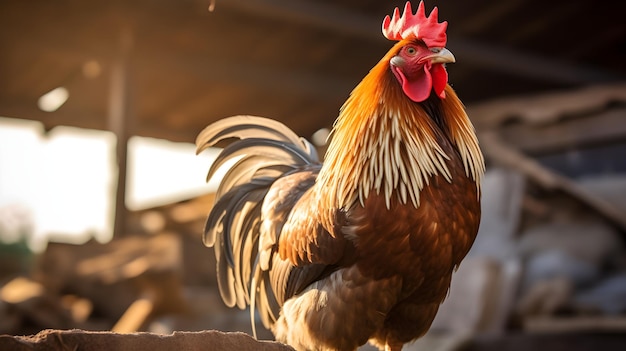 Un primer plano de un gallo cantando con orgullo en un corral rústico