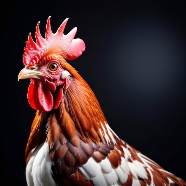 Un primer plano de un gallo en un fondo negro