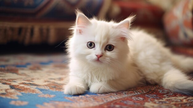 Un primer plano de un gatito blanco acostado en una alfombra