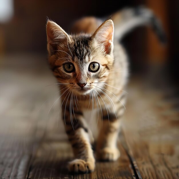 Primer plano de un gatito caminando en el interior Ai generativo