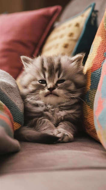 Un primer plano de un gatito lindo descansando en un sofá