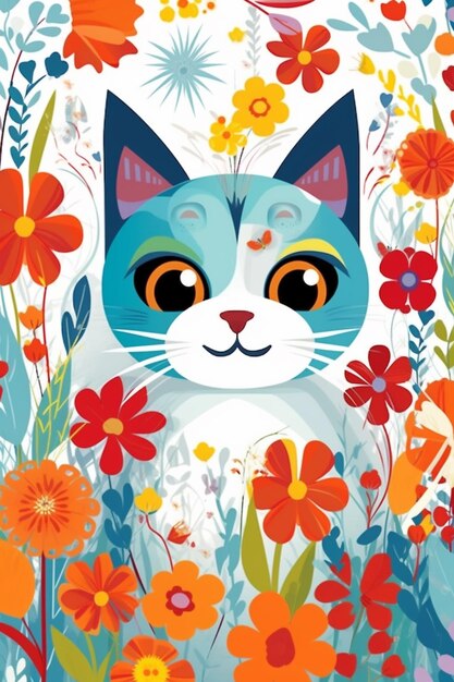 un primer plano de un gato en un campo de flores con flores generativas ai