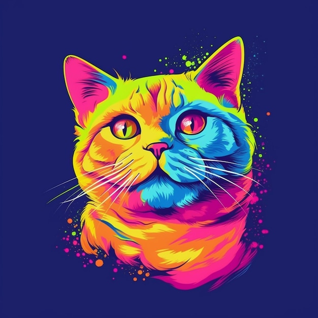 Un primer plano de un gato con una cara colorida en un fondo azul