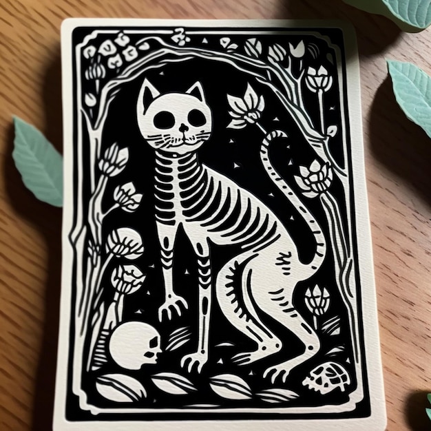 Foto un primer plano de un gato con un esqueleto en su espalda generativa ai