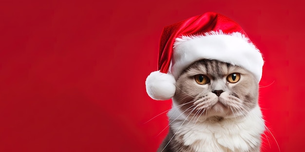 Primer plano de un gato expresivo con un sombrero de Papá Noel sobre un fondo rojo con espacio para copiar