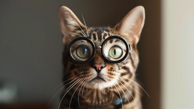 Un primer plano de un gato con gafas de borde de cuerno El gato está mirando a la cámara con una expresión curiosa