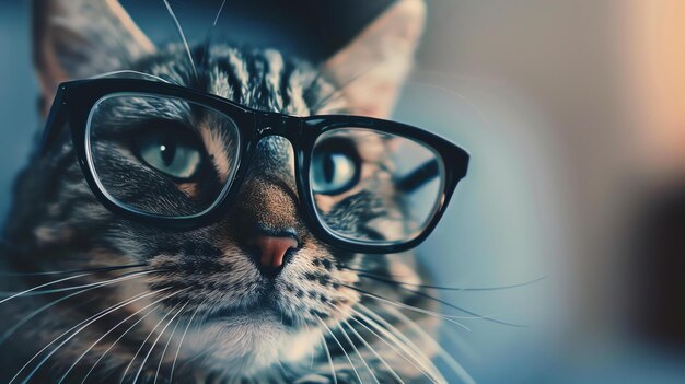 Foto un primer plano de un gato con gafas de borde de cuerno el gato está mirando a la cámara con una expresión curiosa