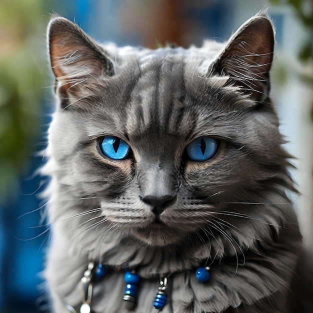 Un primer plano de un gato gris con sorprendentes ojos azules con un fondo borroso