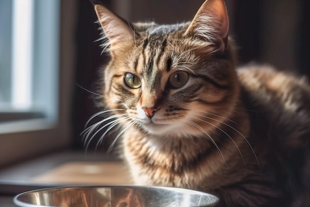 Primer plano de un gato mirando el plato de comida en la cocina IA generativa