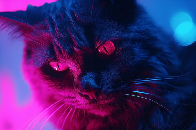 un primer plano de un gato negro con luces rosadas y azules