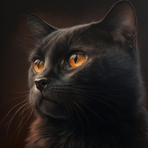 Primer plano de un gato negro con ojos naranjas creado con tecnología generativa de inteligencia artificial