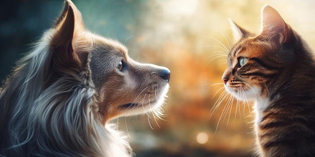 Primer plano de gato y perro mirándose