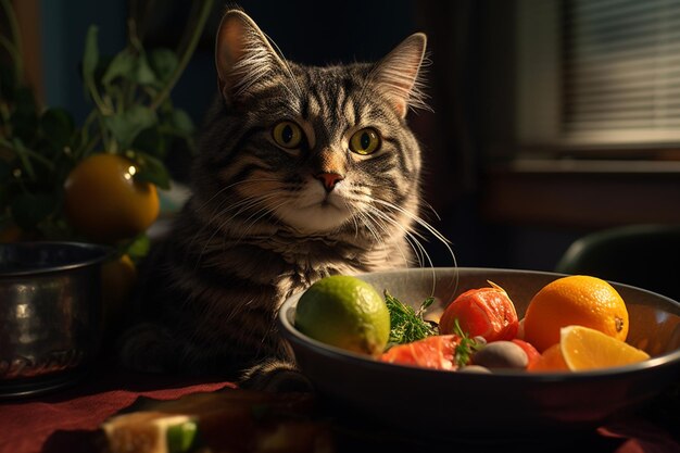 Foto un primer plano de un gato con un plato de fruta mezclando el encanto felino con el deleite culinario