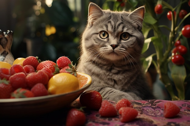 Un primer plano de un gato con un plato de fruta mezclando el encanto felino con el deleite culinario