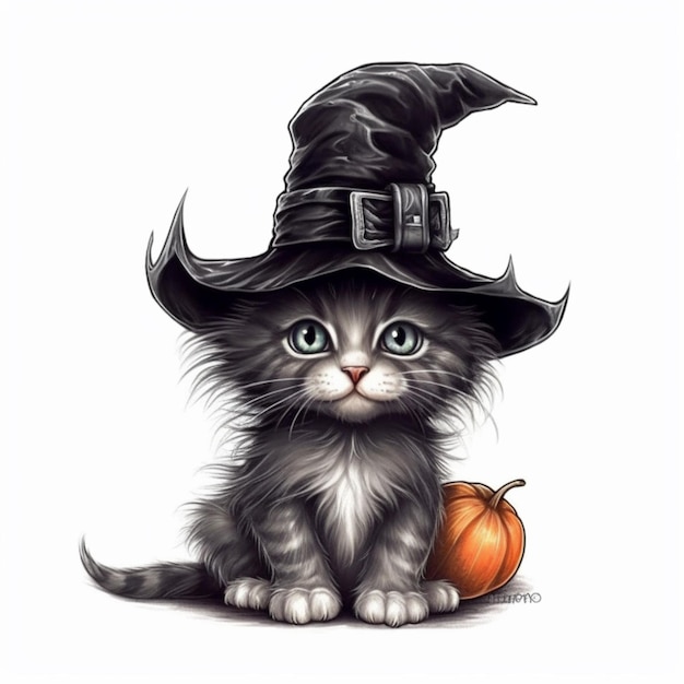 un primer plano de un gato que lleva un sombrero de bruja con un ai generativo de calabaza